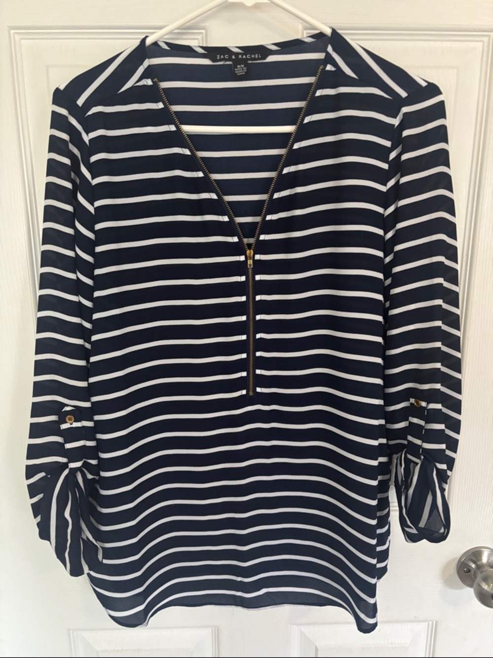 Zac & Rachel Navy and White Striped Zip-Front Blouse
